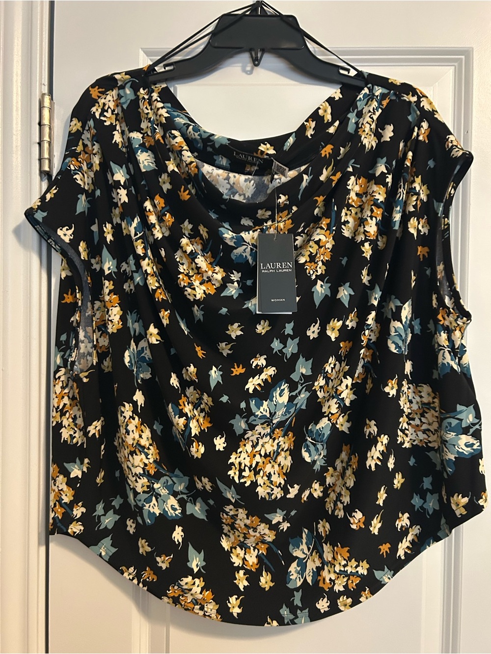 Lauren Black Floral Drape Cowl Neck Women's Top fit 1x/sml 2x avail until 8/7/26